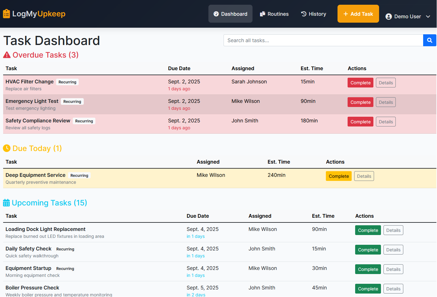 LogMyUpkeep Dashboard - Task Management View